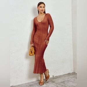 V Neck Ribbed Knit Bodycon Maxi Dresses - Rustic Orange Sz S